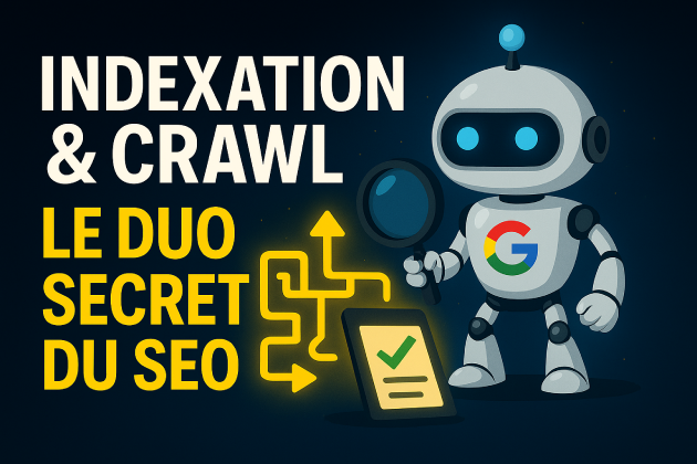 Miniature SEO représentant le robot Googlebot avec une loupe, un chemin de crawl et une checklist d’indexation, illustrant le duo secret du SEO