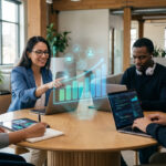 Quatre professionnels analysant des données holographiques et sur ordinateurs, travaillant en équipe dans un bureau moderne.