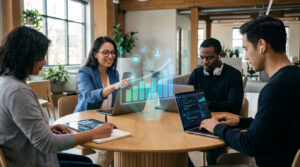 Quatre professionnels analysant des données holographiques et sur ordinateurs, travaillant en équipe dans un bureau moderne.