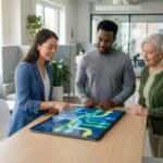 Trois personnes de diverses générations explorent des parcours de formation sur une tablette interactive dans un bureau moderne.