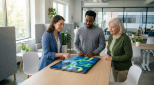 Trois personnes de diverses générations explorent des parcours de formation sur une tablette interactive dans un bureau moderne.