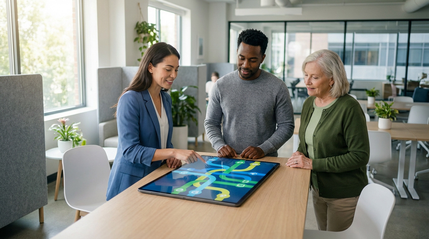 Trois personnes de diverses générations explorent des parcours de formation sur une tablette interactive dans un bureau moderne.